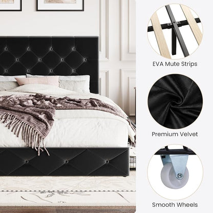SHA CERLIN Full Size Platform Bed Frame with 4 Oversized Storage Drawers, Adjustable Headboard with Velvet Upholstery, Diamond Button Tufted Design, Wooden Slat Support, No Box Spring Needed, Black