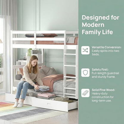 Merax Full-Over-Full Bunk Bed with Two Storage Drawers, Solid Wood Full Size Bunk Bed with Guardrail and Removable Ladder, Can be Converted Into 2 Separate Beds, White