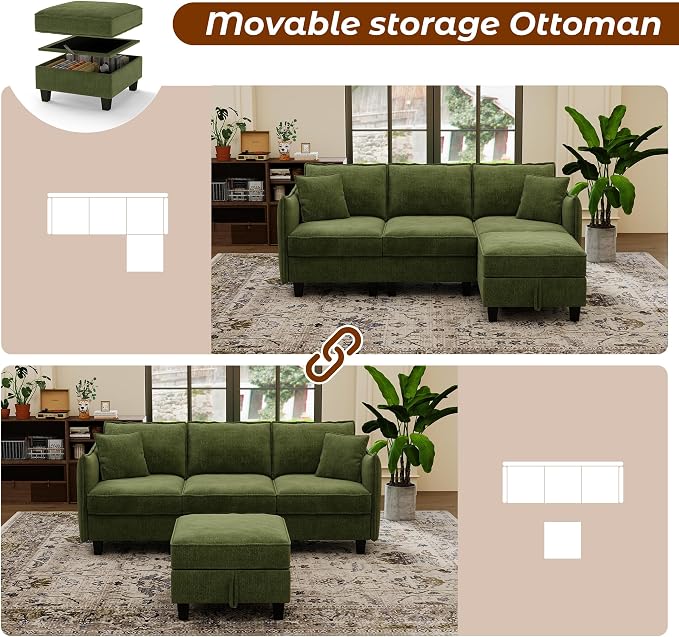 WorthFurni Modular Sectional Sofa L Shape Couches with Storage Ottoman and Washable Cushion Cover for Living Room, Apartment, Bedroom(Green)
