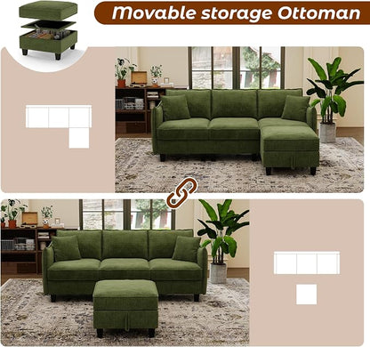 WorthFurni Modular Sectional Sofa L Shape Couches with Storage Ottoman and Washable Cushion Cover for Living Room, Apartment, Bedroom(Green)