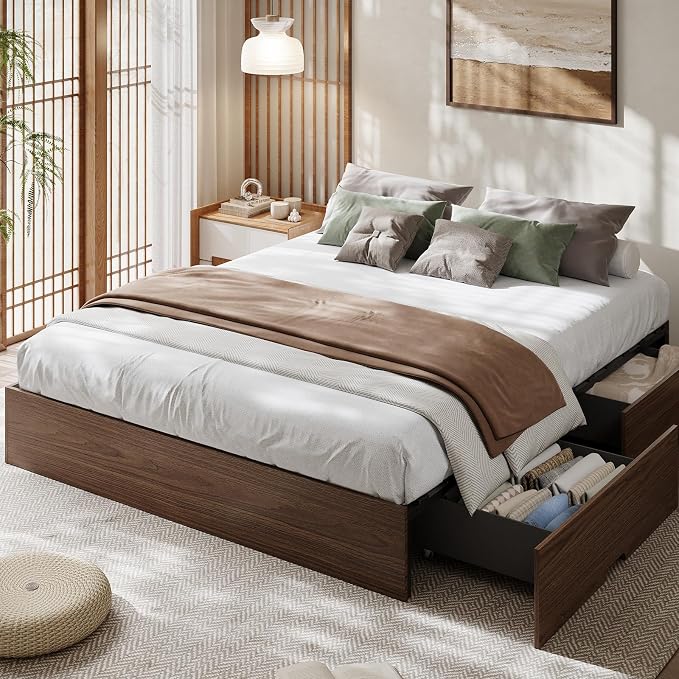 Garvee California King Bed Frame with 2 Storage Drawers, Wood Platform Floor Bed Frame Without Headboard, Wood Slat Support, No Box Spring Needed, Easy Assembly