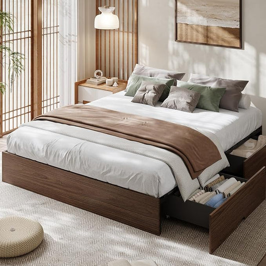Garvee California King Bed Frame with 2 Storage Drawers, Wood Platform Floor Bed Frame Without Headboard, Wood Slat Support, No Box Spring Needed, Easy Assembly