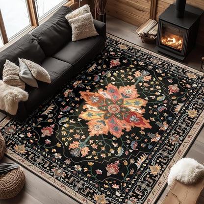 RELEANY Area Rugs 6'x8' Washable Non-Slip, Floral Vintage Distress Medallion Carpet for Living Room Bedroom Dining Room, Black Colorful Floral Dark Tan