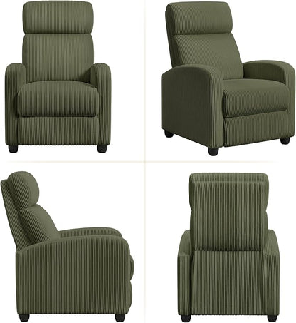 Topeakmart Corduroy Recliner Sofa Mid-Century Recliner Chair Single Reclining Chair Upholstered Sofa for Living Room Bedroom Home Theater Dark Green