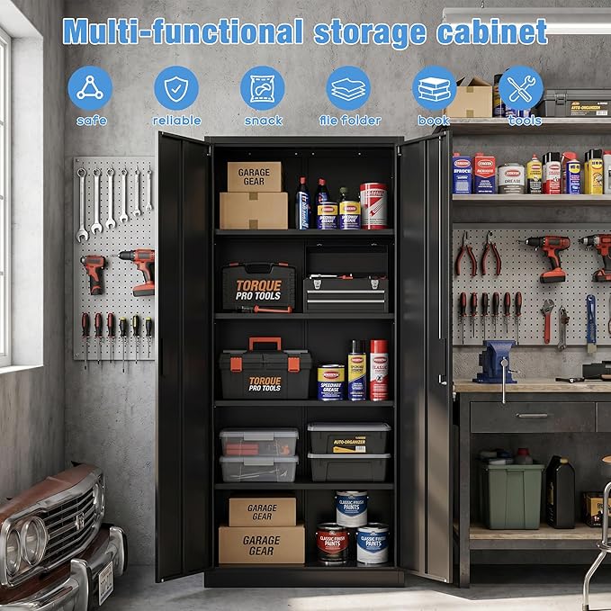 SUXXAN Metal Storage Cabinet with Doors and Shelves, 71" H Locking Steel Garage Cabinet for Home Office Studio Pantry,Tall Tool File Cabinet Black, Assembly Require