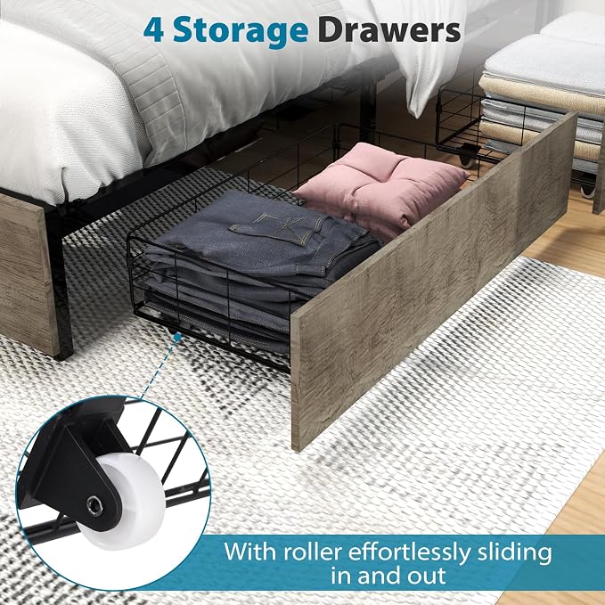 Kiivakii Full Size Bed Frame with 4 Storage Drawers, LED Platform Bed with Headboard, Built in Charging Station, Noise-Free, Metal Support Base, No Box Spring Needed, Gray
