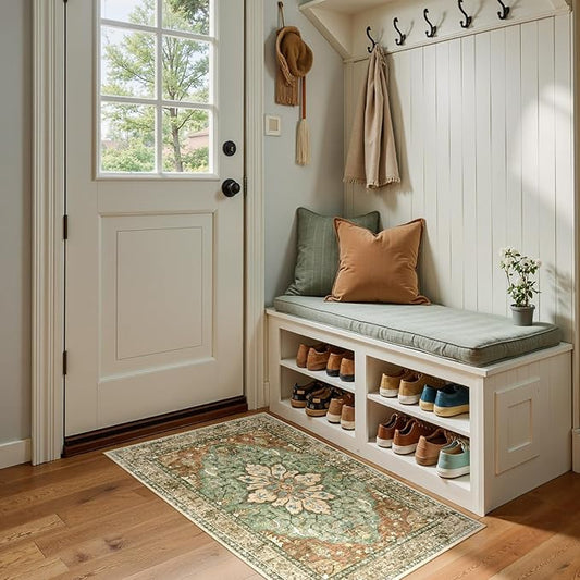 RELEANY Area Rugs Small 2'x4' Washable Non-Slip, Floral Vintage Distress Medallion Carpet for Kitchen Entryway Bathroom, Terracotta Burnt Orange Green