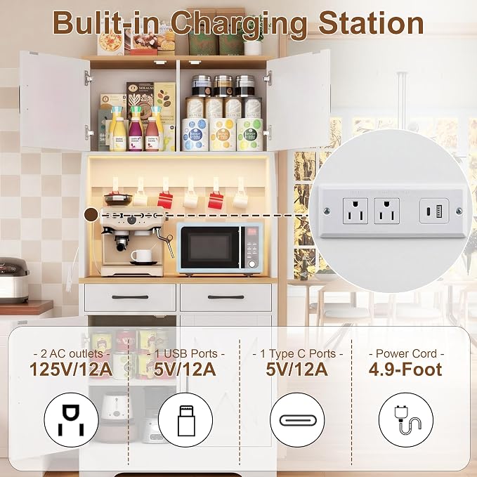 DreamDashio 73" Tall Pantry Cabinet with Charging Station & LED Light, Kitchen Pantry Storage Cabinet with Microwave Stand, Farmhouse Kitchen Hutch with 2 Storage Drawers and 6 Hooks for Dining Room