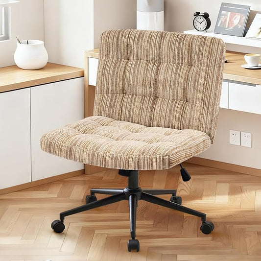 Furnimart 360° Swivel Criss Cross Desk Chair Extra-Thick Cushion, Premium Chenille Cross Legged Chair with Wide Seat & Wheels, Comfy Armless Home Office Chair for Bedroom, Vanity, Sturdy (Light Brown)