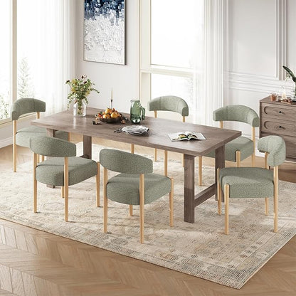 VKNOW Wooden Dining Chairs Set of 6, Modern Upholstered Dining Room Chairs with Rubberwood Legs and Curved Backrest, Fabric Kitchen Chairs for Living Room/Dining Room, Green