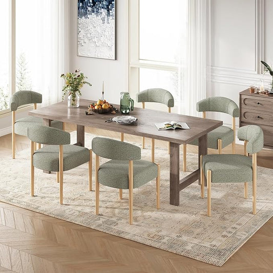 VKNOW Wooden Dining Chairs Set of 6, Modern Upholstered Dining Room Chairs with Rubberwood Legs and Curved Backrest, Fabric Kitchen Chairs for Living Room/Dining Room, Green