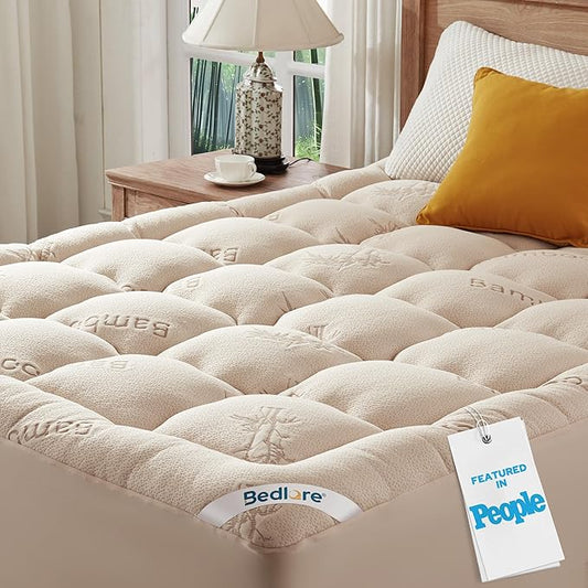 BEDLORE Twin Mattress Topper Viscose Derived from Bamboo, Thick Pillow Top Mattress Pad with Stretchable Pockets for 6"-15" Mattress, Soft Breathable Mattress Topper for Back Pain Relief(Beige)
