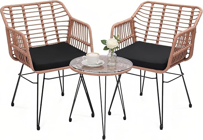 3-Piece Patio Furniture Set, Wicker Bistro Set with 2 Cushioned Rattan Armchairs and Glass Top Coffee Table, Small Conversation Set for Balcony, Porch, Backyard, Natural/Black