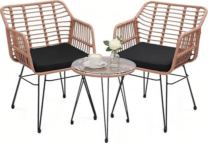 3-Piece Patio Furniture Set, Wicker Bistro Set with 2 Cushioned Rattan Armchairs and Glass Top Coffee Table, Small Conversation Set for Balcony, Porch, Backyard, Natural/Black
