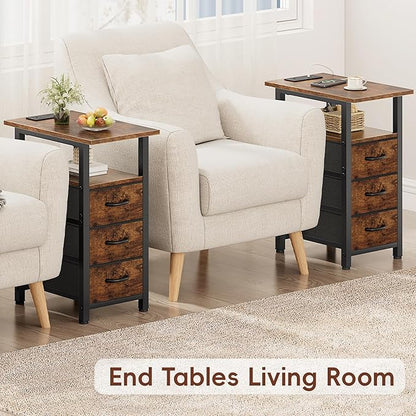 Vagusicc End Table with Charging Station, Narrow Side Table, Narrow Nightstand with 3 Fabric Drawers, Slim Sofa Side Table for Small Spaces, Small Night Stand for Bedroom, Rustic Brown