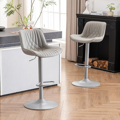 YOUTASTE Faux Leather Bar Stools Set of 2, All Grey Upholstered Counter Height Barstools with Back, Adjustable Swivel Stool Chair with Grey Metal Base for Home Kitchen Island