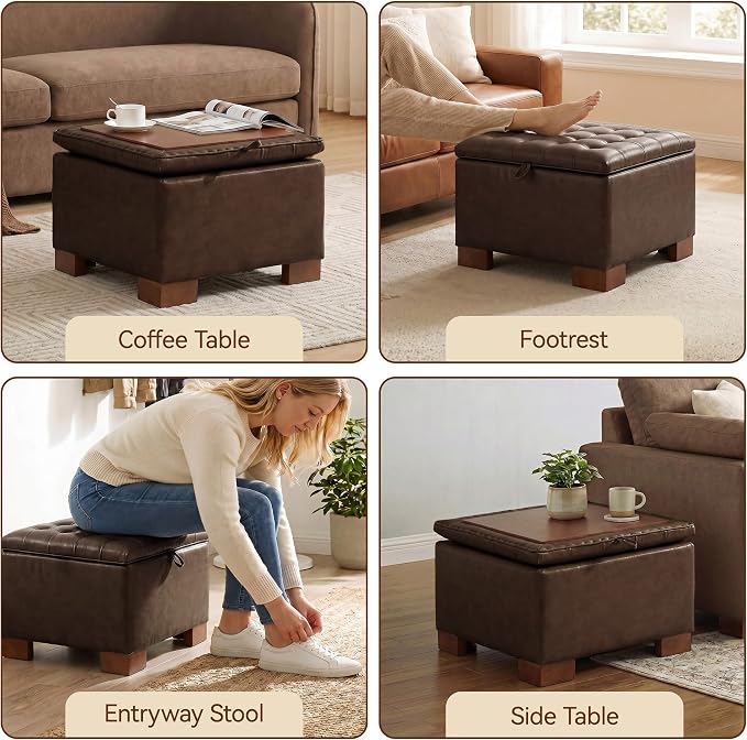 24 Inch Square Storage Ottoman Coffee Table, Modern Tufted Upholstered Ottoman with Flip Tray and Solid Wood Legs, Suitable for Living Rooms, Faux Leather Coffee
