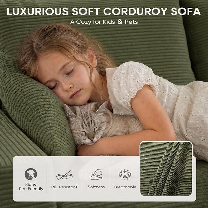 Boneless Couch, 102.4" Sectional Couches for Living Room with L Shape Sofa | Cloud Couch Sectional with Chaise, Modular Cloud Sofa with Deep Seat, No Assembly, Green, Corduroy, Right Chaise