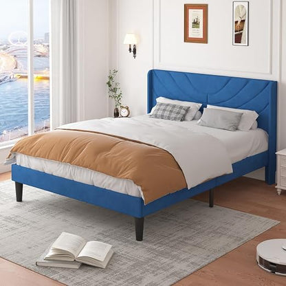 VECELO Upholstered Platform Full Bed Frame with Fabric Headboard,Wooden Slats Support/No Box Spring Needed/Mattress Foundation,Dark Blue