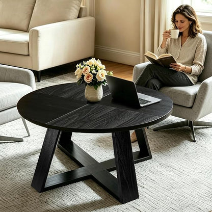Black Round Coffee Table, 31.5" Modern Coffee Table for Living Room with Mountain Textures,Small Coffee Table with Open Storage, Circle Center Table with Cross Base, Easy Assembly