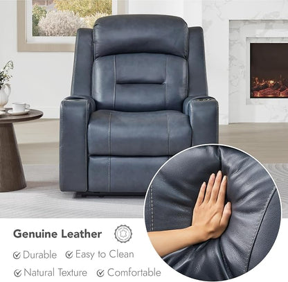 Watson & Whitely Oversized Genuine Leather Power Recliner Chairs for Big and Tall, Extra Wide Lay Flat Recliner with Power Headrest & Cup Holders, Electric Reclining Sofa for Living Room, Navy Blue