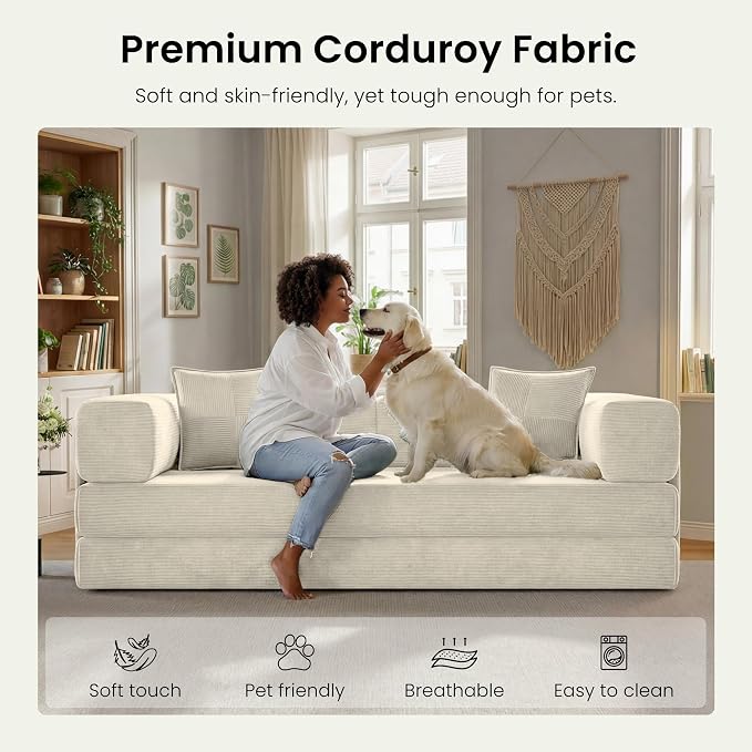 78.8" Convertible Sofa Bed,Corduroy Futon Couch with Storage Pocket,Folding Pull Out Futon Sofa,No Assembly Boneless Couch for Living Room, White