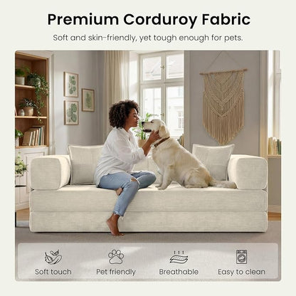 78.8" Convertible Sofa Bed,Corduroy Futon Couch with Storage Pocket,Folding Pull Out Futon Sofa,No Assembly Boneless Couch for Living Room, White
