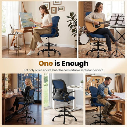Primy Drafting Chair Tall Office Chair with Flip-up Armrests Executive Ergonomic Computer Standing Desk Chair with Lumbar Support and Adjustable Footrest Ring (Navy)