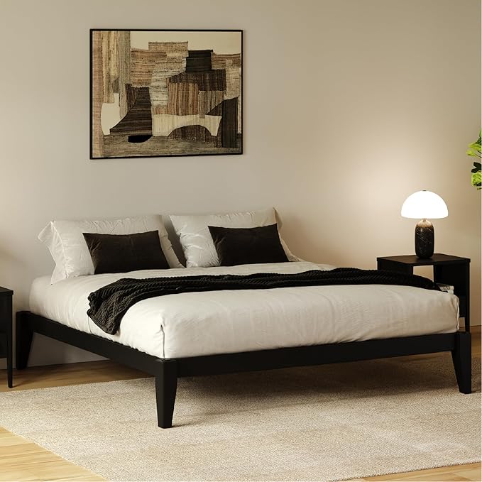 Thor Premium Solid Wood Bed Frame Queen, Japanese Joinery Bed Frame with Wood Slat Support, Platform Bed, No Box Spring Needed, Easy Assembly, Minimalist & Modern Style (Midnight Charcoal)
