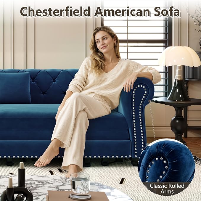 89'' Pull Out Sofa Bed King, Chesterfield Velvet Sleeper Sofa, Convertible L-Shaped Futon Couch, Tufted Back, 4 Pillows, Ottoman, Deep Seat Loveseat Couches for Living Room, Apartment, Blue