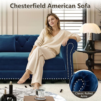 89'' Pull Out Sofa Bed King, Chesterfield Velvet Sleeper Sofa, Convertible L-Shaped Futon Couch, Tufted Back, 4 Pillows, Ottoman, Deep Seat Loveseat Couches for Living Room, Apartment, Blue
