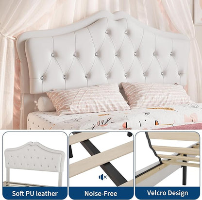 Garvee Full Size Bed Frame with LED Lights & Velvet Crystal Button Headboard, Upholstered Boy/Girl Platform Bed with Storage Drawer, Noise Free, No Box Spring Needed for Kids, Teens, Beige