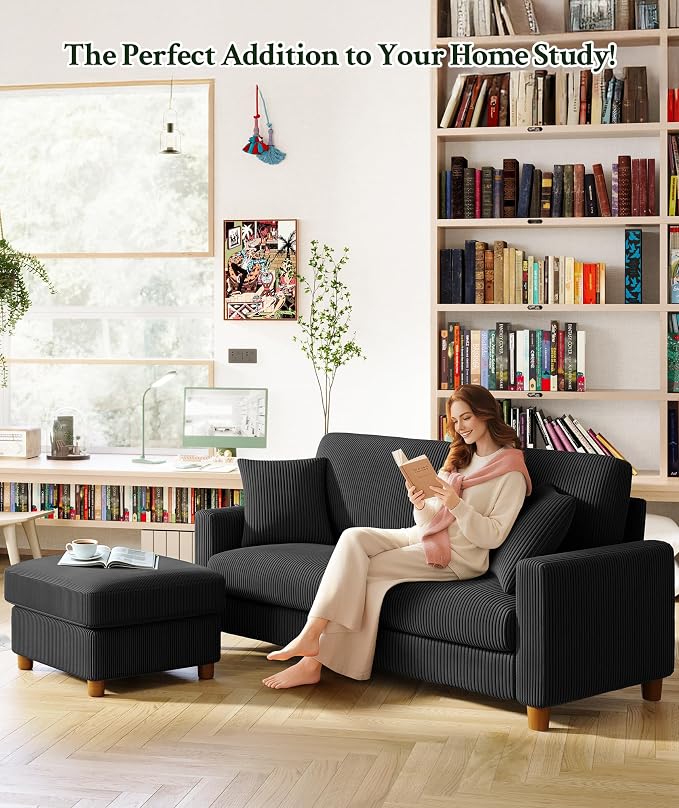 Welzona 70.2" Couches for Living Room, Comfy L Shaped Couch Black 7.1" Thicker Cushion, Sofas for Living Room Tool-Free Setup, Loveseat with Ottoman 705lbs Support, Corduroy Couch for Bedroom, Office