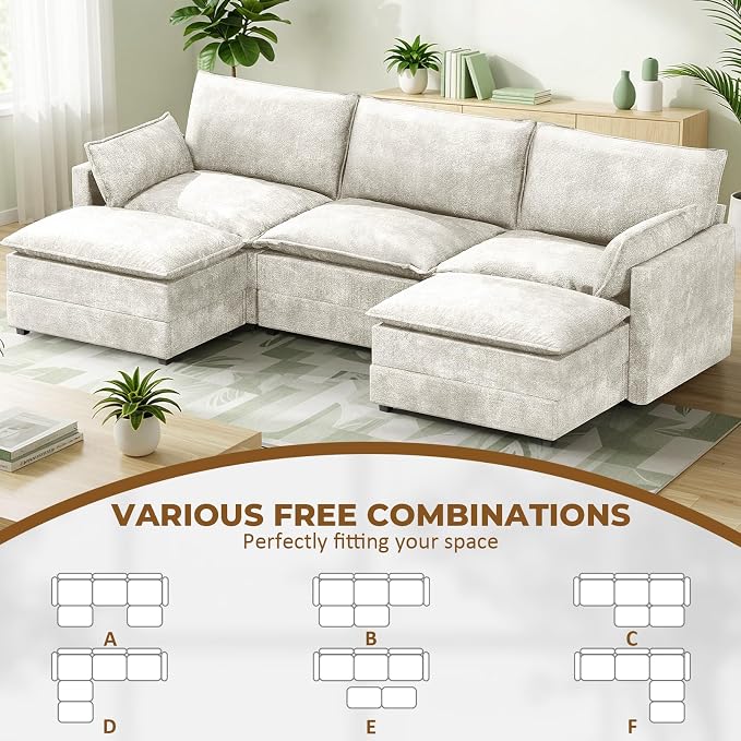 LEVELEVE 112.5" U-Shape Modular Sofa with 2 Ottomans, Deep Seat Cloud Convertible Sleeper, 2 Arm Pillows, Comfortable Upholstered Furniture for Living Room Apartment, Beige