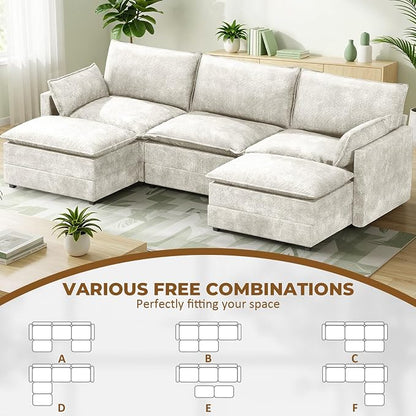 LEVELEVE 112.5" U-Shape Modular Sofa with 2 Ottomans, Deep Seat Cloud Convertible Sleeper, 2 Arm Pillows, Comfortable Upholstered Furniture for Living Room Apartment, Beige