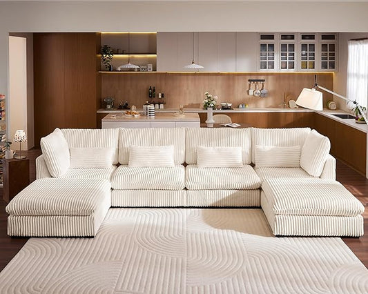 154" Oversized Corduroy Couch Modular Sectional Sofa, Washable Cloud Couch Sectional with 2 Ottoman, 6 Seater Sectional Couches for Living Room, Fully Cover Removable, U Shaped, Corduroy, White