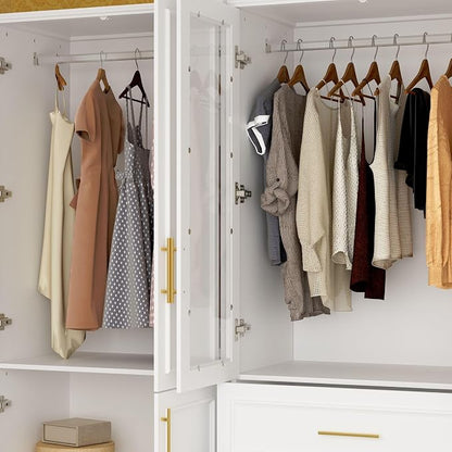 Timechee Almirah for Clothes Combination, White Wardrobe Closet Bedroom Storage Cabinets with Tempered Glass Doors and Shelves, Armoire with Drawers, Large Standing Wardrobe Storage Closet for Bedroom