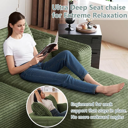 95" Modular Sectional Sofa, Modern Corduroy Cloud Couch with Side Pockets, Boneless Couch Upholstered 3-Seater L-Shaped Sofa for Living Room, No Assembly Required (Green,Right-Facing Chaise)