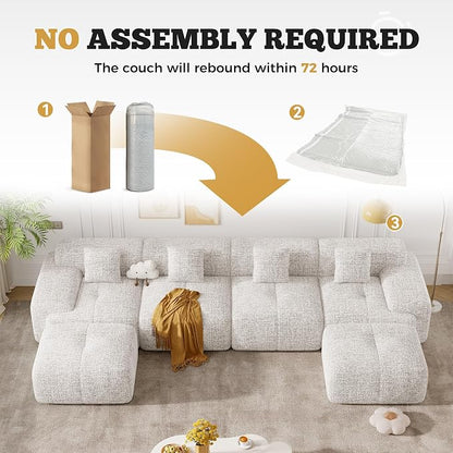 158" U Shaped Boneless Couches for Living Room, 6 Seater Modern Chenille Cloud Couch, Convertible Modular Sectional Sofa Set, No Assembly Required, Beige 1 PCS