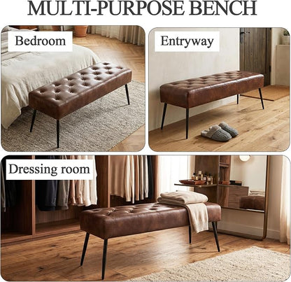 DUHOME Button-Tufted Ottoman Bench, Upholstered Bedroom Benches Footrest Stool Dining Bench Leather Accent Bench for Entryway Dining Room Living Room Bedroom End of Bed, Dark Brown