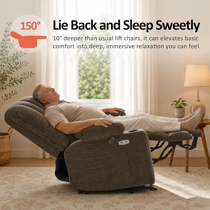 MCombo Oversized Power Lift Recliner Chair for Elderly, Lift Chair with Heat and Massage, Lift Recliner for Big and Tall, Cup Holders, USB & Type C Ports, Fabric R7092 (Mocha, Oversize)
