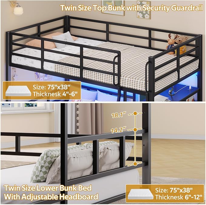 busyaeh Bunk Bed Twin Over Twin,8 Drawers & 4 shelve,15" H Safety Guardrail | Low Bunk Bed with LED Light,Metal L-Shaped Twin Bunk Bed with Charging Station,Floor Bunk Bed with Ladder,Twin bunk bed Black
