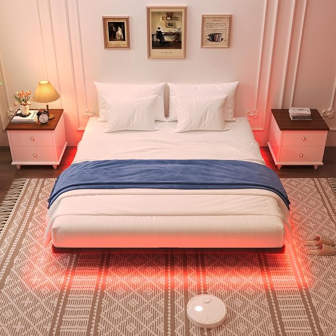 Awesofurni Floating Bed Frame Full Size, Full Bed Frame with Smart LED Lights, Heavy Duty Modern Metal Platform Bed No Box Spring Needed - Easy Assembly and Noise Free