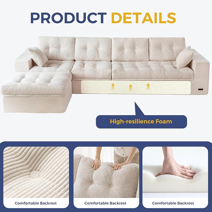 MAXYOYO 132" L Shaped Modular Sectional Sofa with Ottoman, Cloud Boneless Couch with Layered Cushion, Upholstered Sofa in a Box, Flexible Module Combination for Living Room, No Assembly, Beige