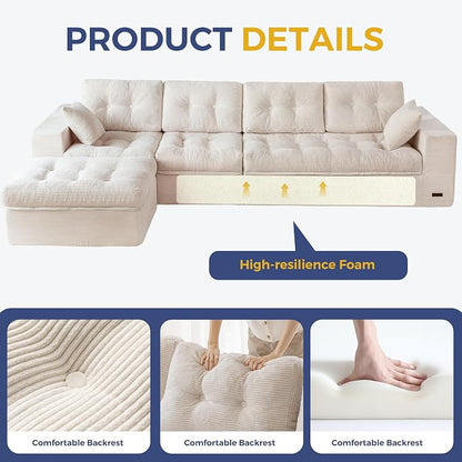 MAXYOYO 132" L Shaped Modular Sectional Sofa with Ottoman, Cloud Boneless Couch with Layered Cushion, Upholstered Sofa in a Box, Flexible Module Combination for Living Room, No Assembly, Beige