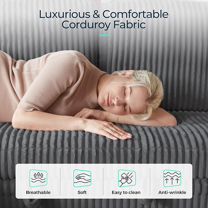 LINSY HOME Sectional Sofa with Pull Out Bed, 4 Seats Corduroy Reversible Sleeper Sofa with Storage Seats, USB Ports, Cup Holders, Side Pocket, U Shape Sectional Couches for Living Room, Gray