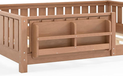 Bellemave Full Floor Bed with Slats and Rails, Full Size Montessori Floor Bed with Bookcase and Fence, Easy Assemble Montessori Beds for Girls, Boys, Natural Floor Beds