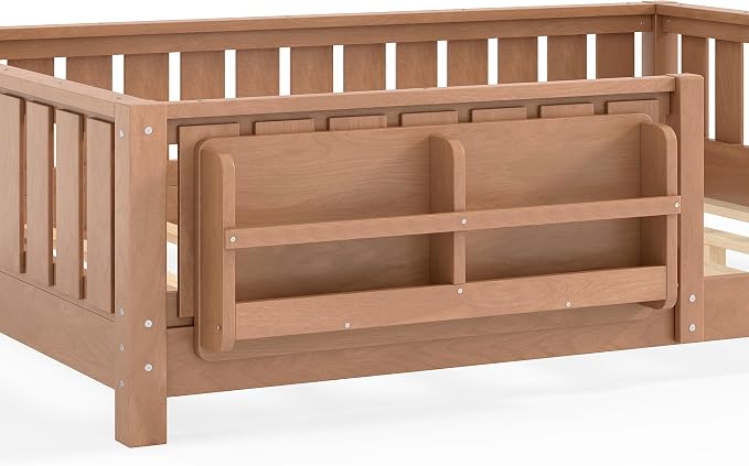 Bellemave Full Size Floor Bed with high Rails and with Built-in Bookshelf for Kids, Girls, Boys, Wood Montessori Floor Bed Without Door, Natural