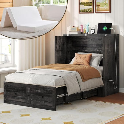 LUXOAK Twin Murphy Bed with 6" White Tri-Fold Memory Foam Mattress, Storage Drawer & Charging Station, Space-Saving Design for Home Office or Guest Room, Black Oak