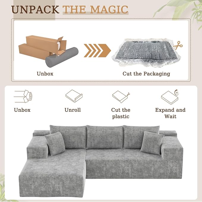 YESHOMY Boneless Couches for Living Room, 108" Sectional Modular Sectional Sofa with Deep Seat, Cloud Comfy Couch with L-Shape Chaise, Easy Assembly (Chenille, Pearl Gray)